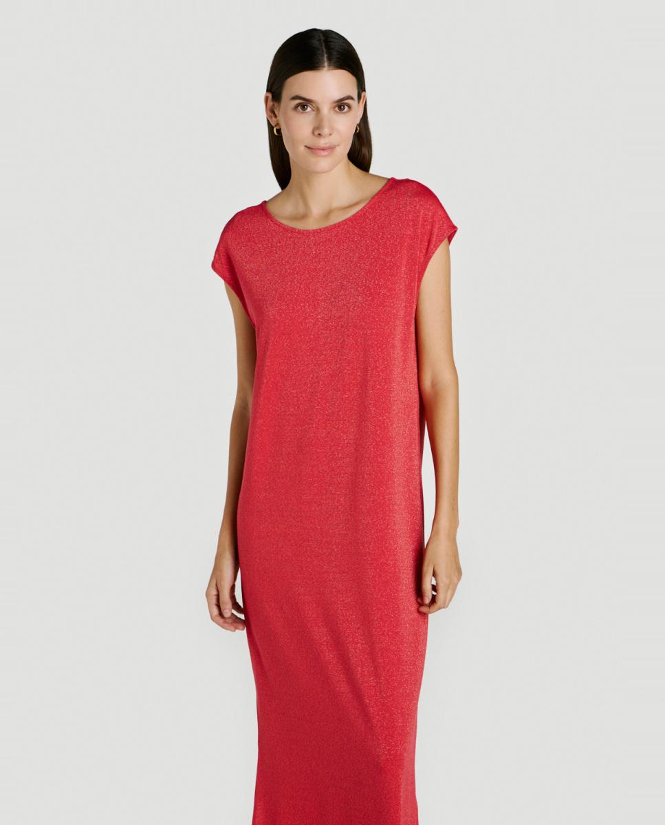 Vestido Comprido com Fio Metalizado Vermelho-2