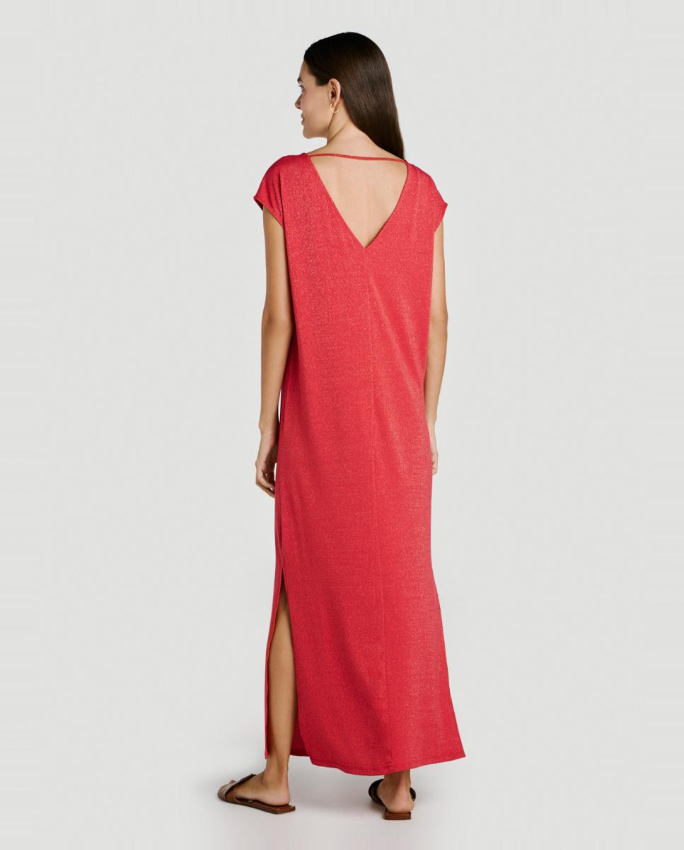 Vestido Comprido com Fio Metalizado Vermelho-4