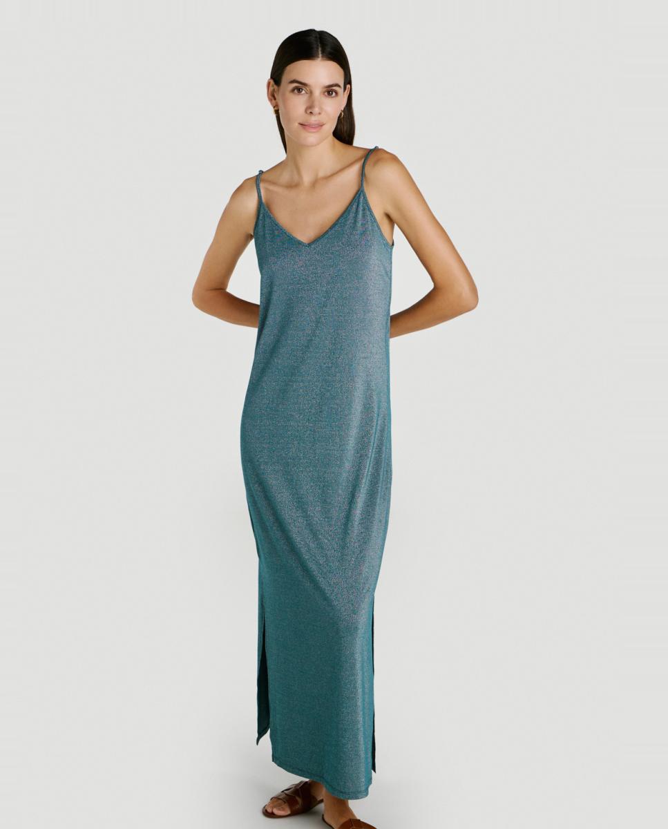 Vestido comprido de alças com fio metalizado Azul-2