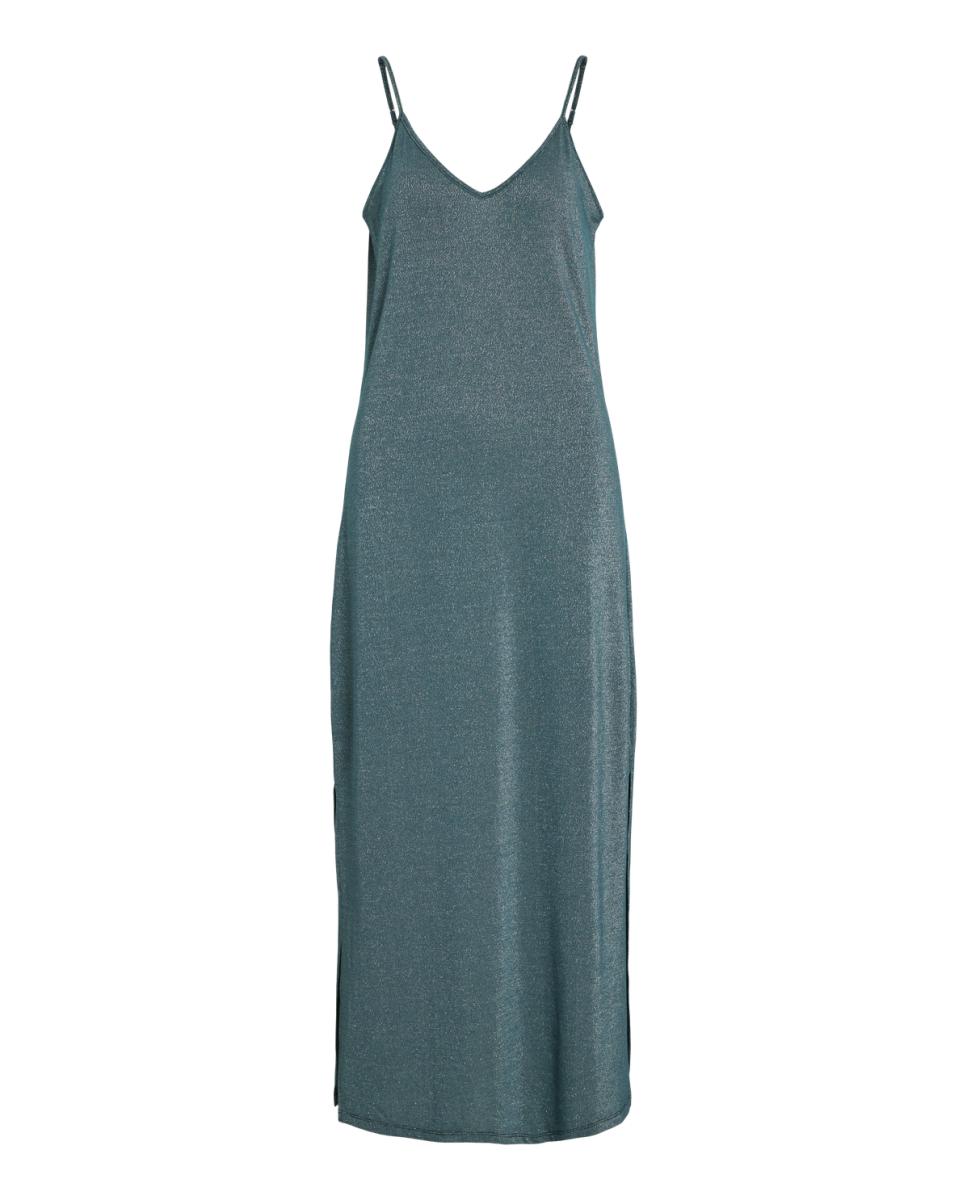 Vestido comprido de alças com fio metalizado Azul-5