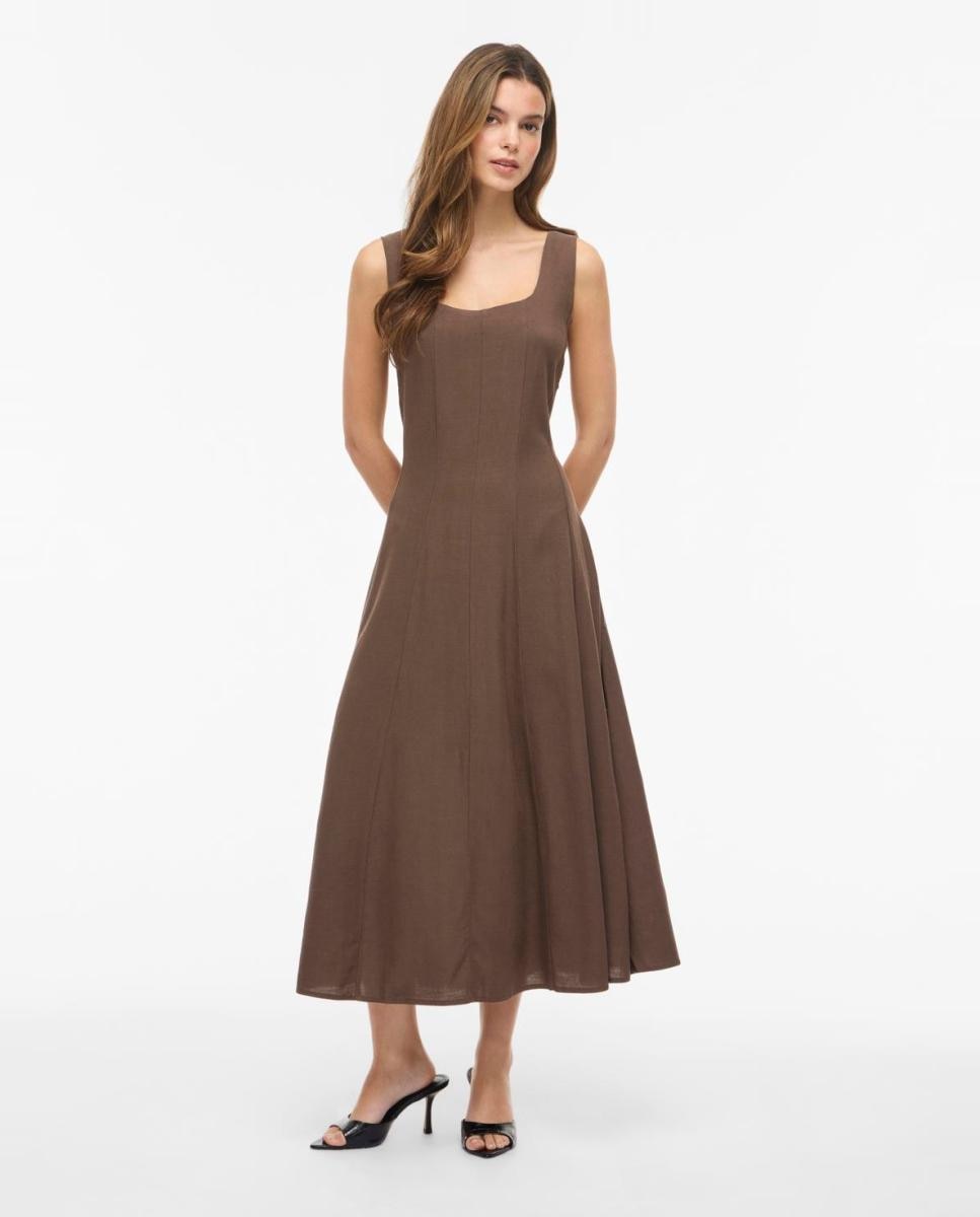 Vestido Midi de Linho com Alças Castanho-2