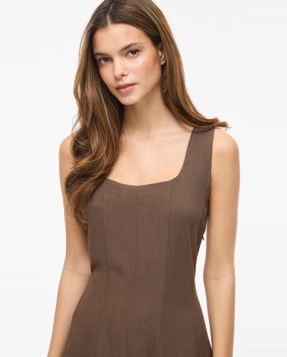 Vestido Midi de Linho com Alças Castanho-3