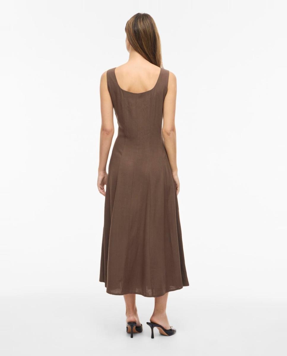Vestido Midi de Linho com Alças Castanho-5