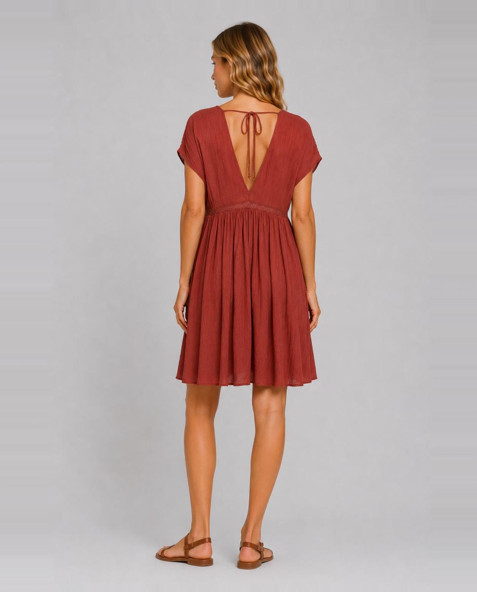 Vestido Curto de Estilo Boémio com Decote em V Castanho-2