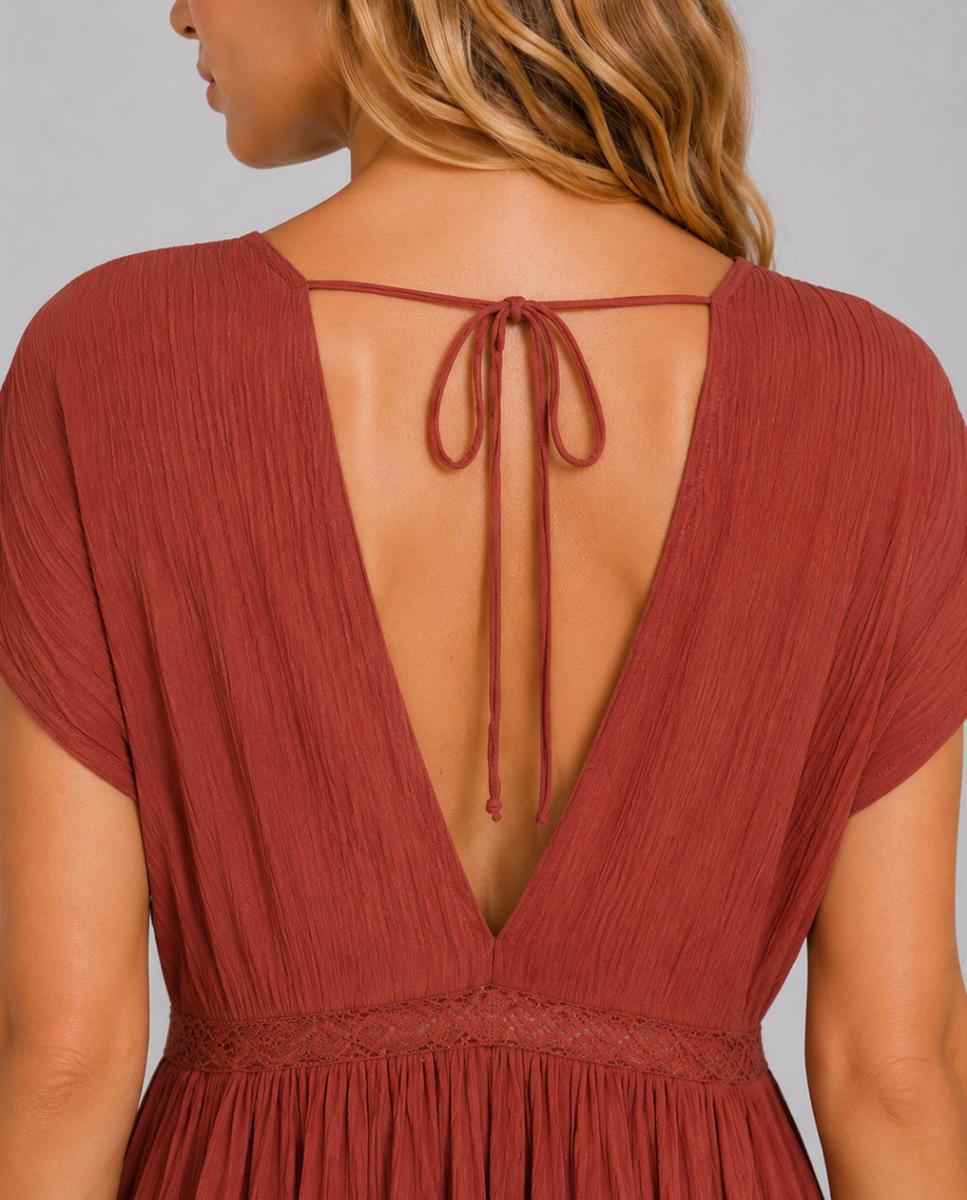Vestido Curto de Estilo Boémio com Decote em V Castanho-3