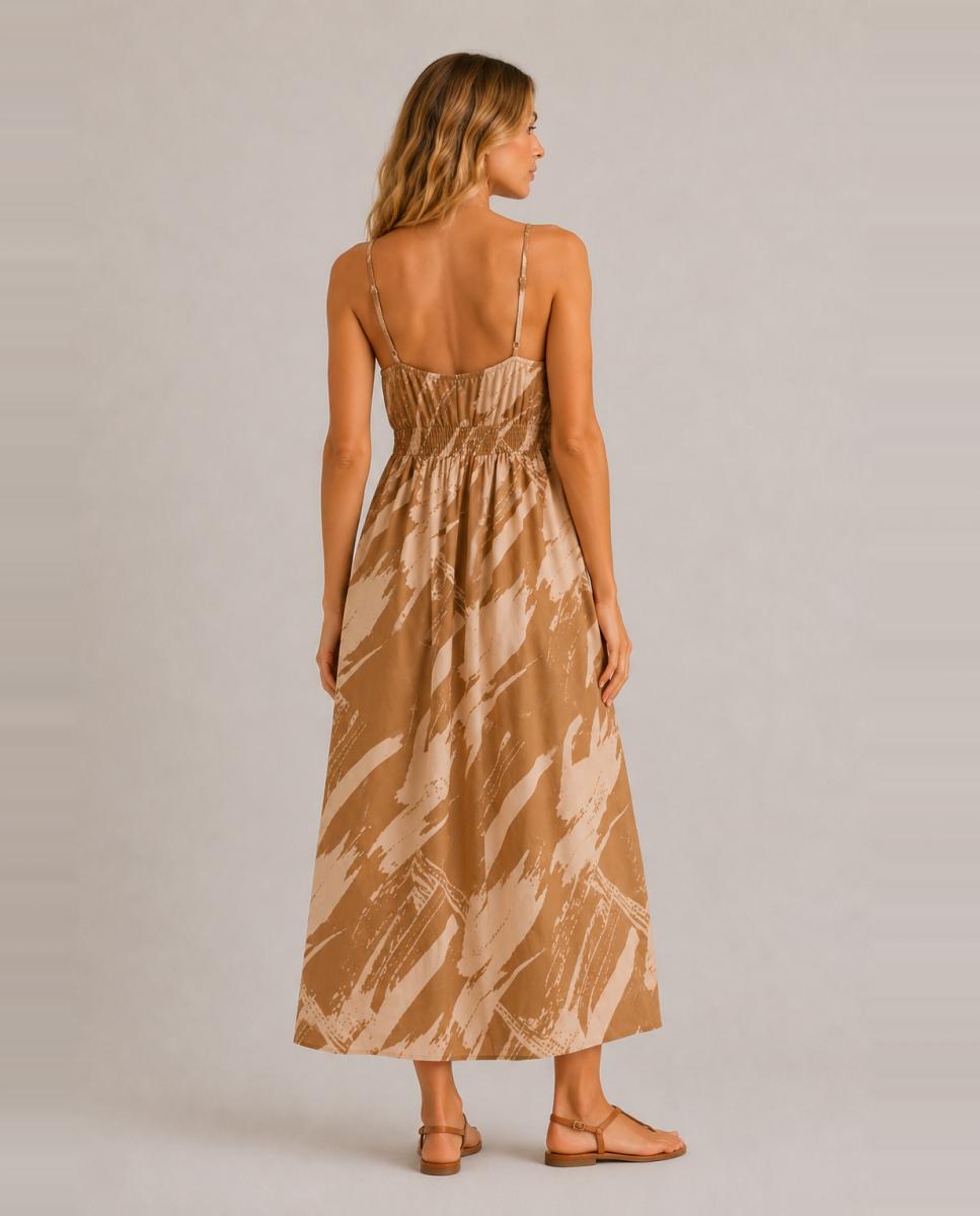 Vestido Comprido com Decote em Bico Bege-2