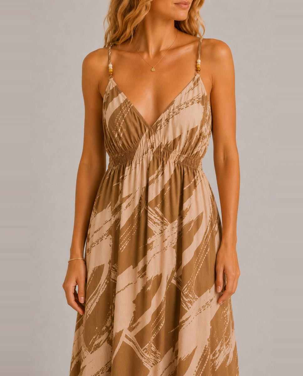 Vestido Comprido com Decote em Bico Bege-3