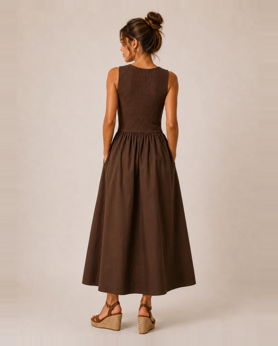Vestido Midi sem Mangas e com Decote Redondo Castanho-escuro-2