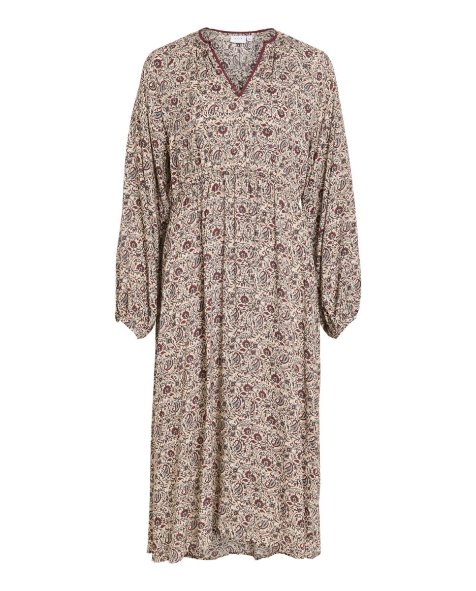 Vestido Midi com Estampado Floral e Decote em Bico Bege-2