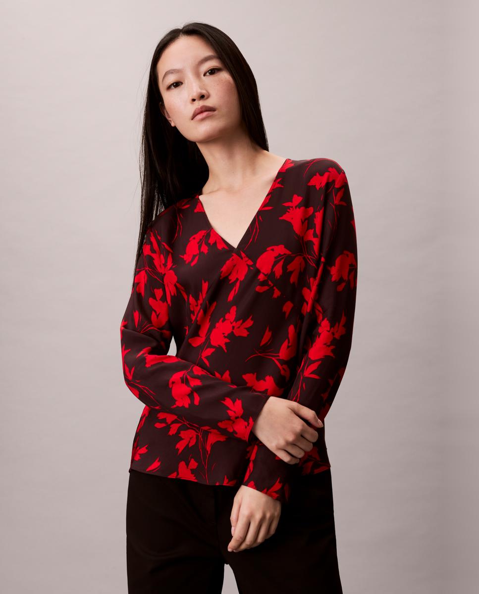 Blusa estampada de mulher com manga comprida Vermelho-1