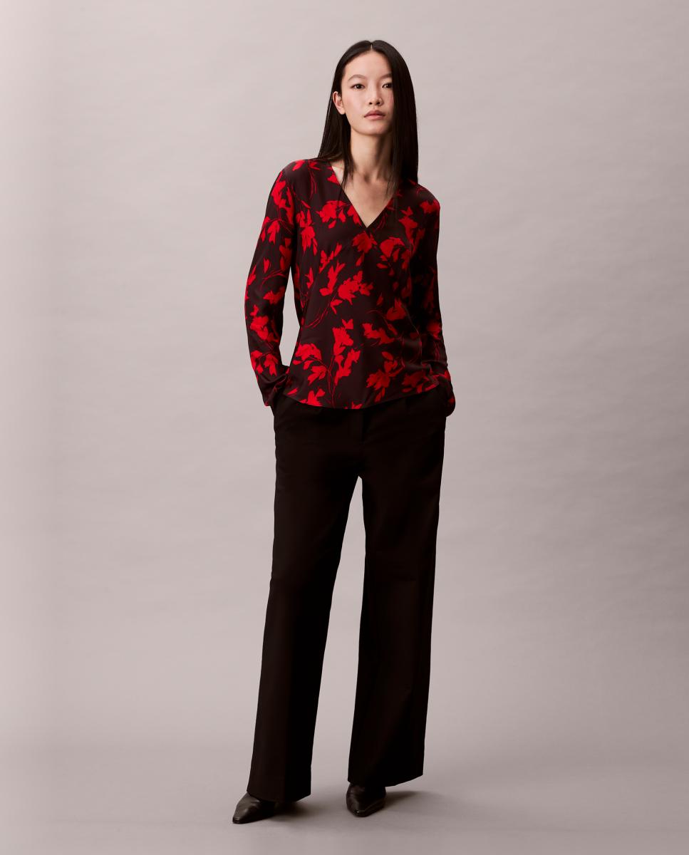 Blusa estampada de mulher com manga comprida Vermelho-2