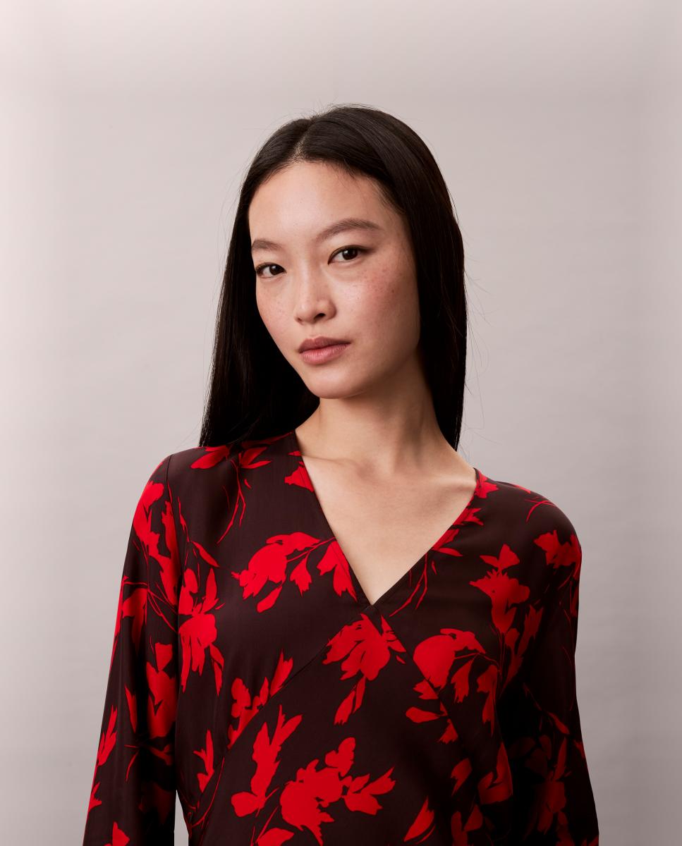 Blusa estampada de mulher com manga comprida Vermelho-3