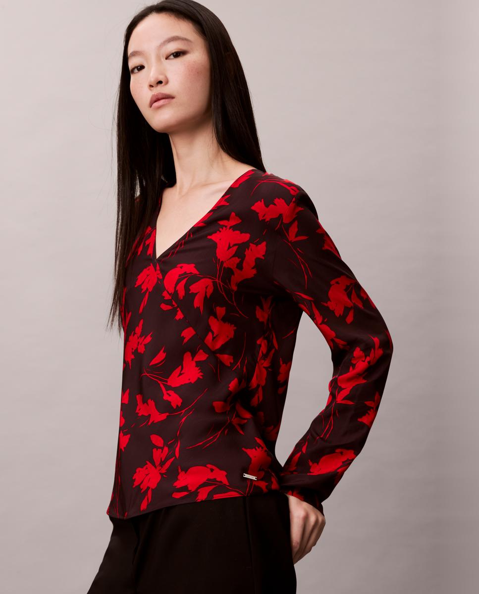 Blusa estampada de mulher com manga comprida Vermelho-4