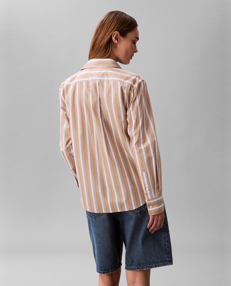 Camisa Regular de Popelina às Riscas Camel-2