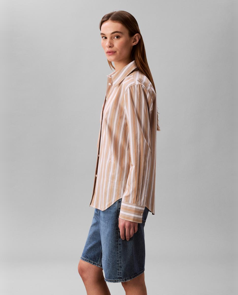 Camisa Regular de Popelina às Riscas Camel-3