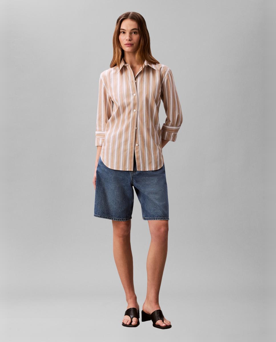 Camisa Regular de Popelina às Riscas Camel-5