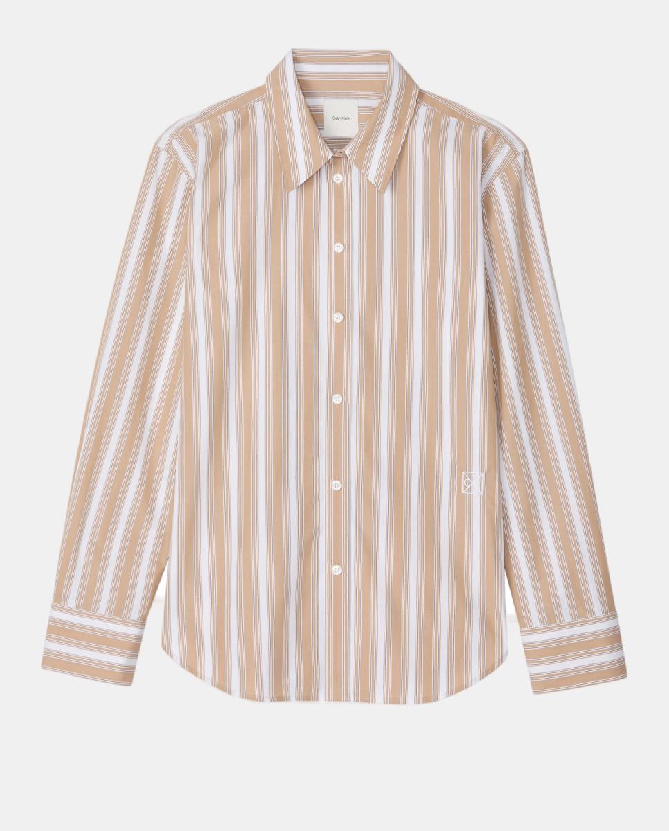 Camisa Regular de Popelina às Riscas Camel-4
