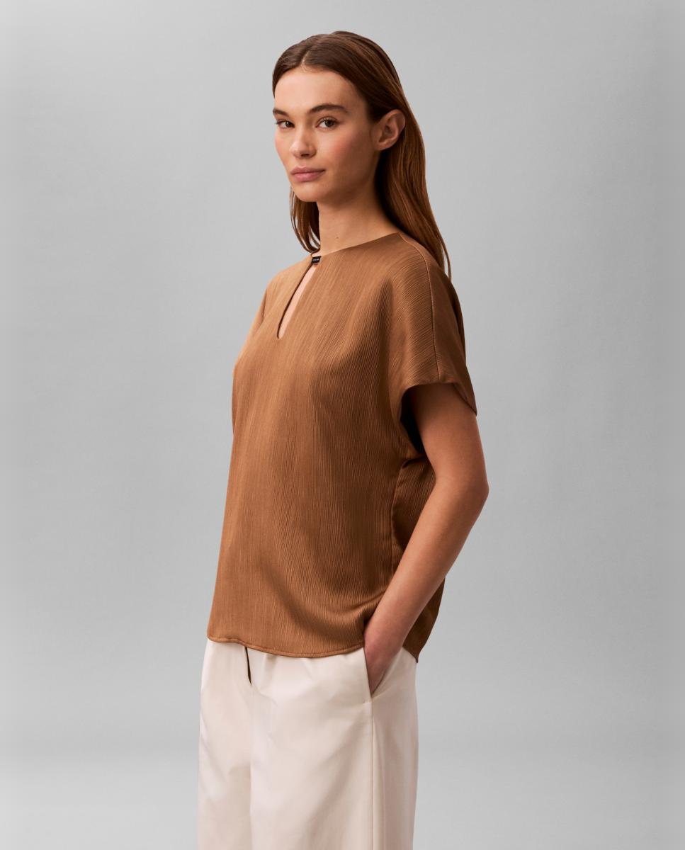 Blusa Plissada com Detalhe Metalizado Castanho-3