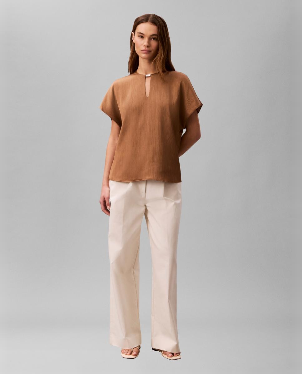 Blusa Plissada com Detalhe Metalizado Castanho-5