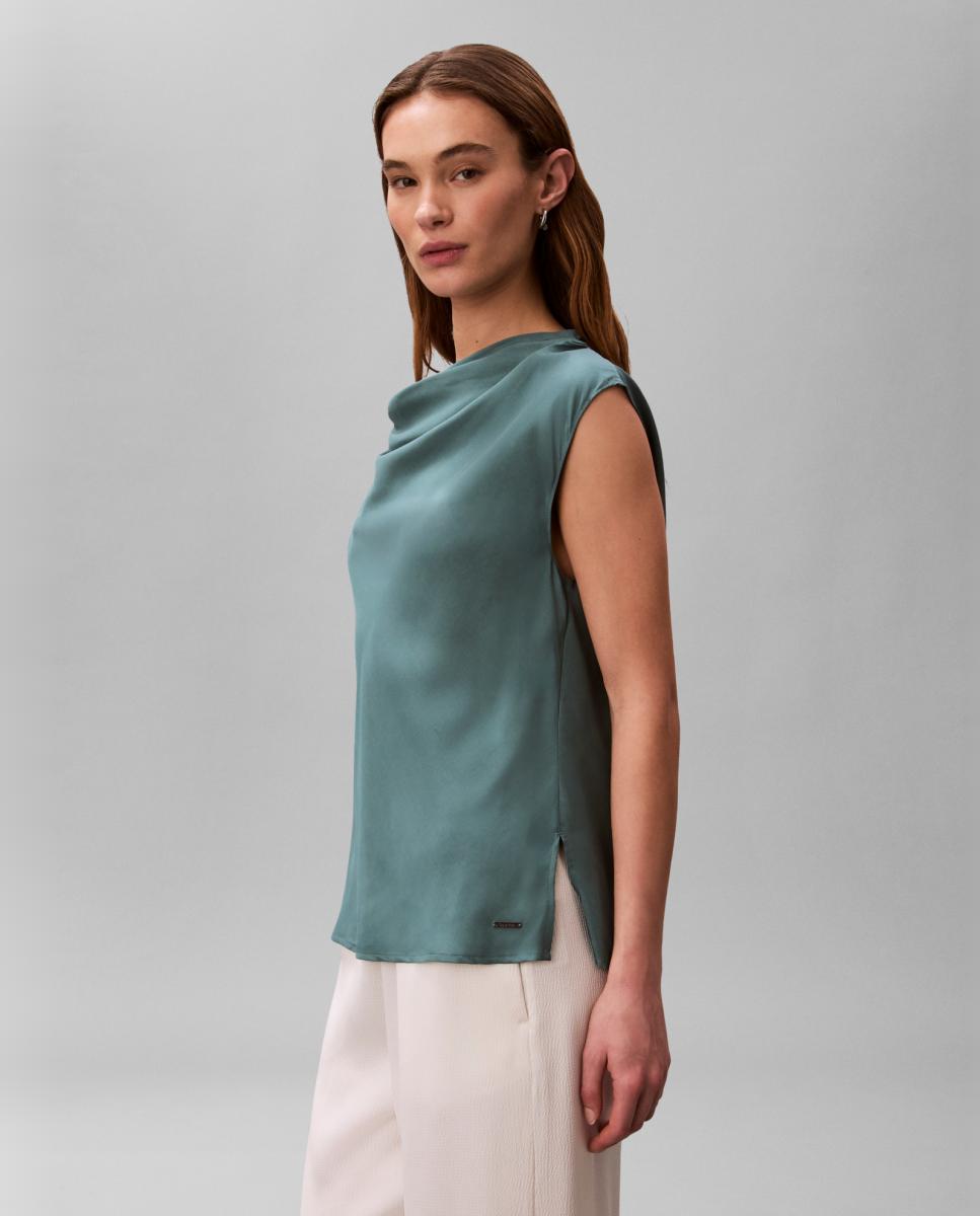 Camisa de Sarja de Gola Drapeada Verde-3