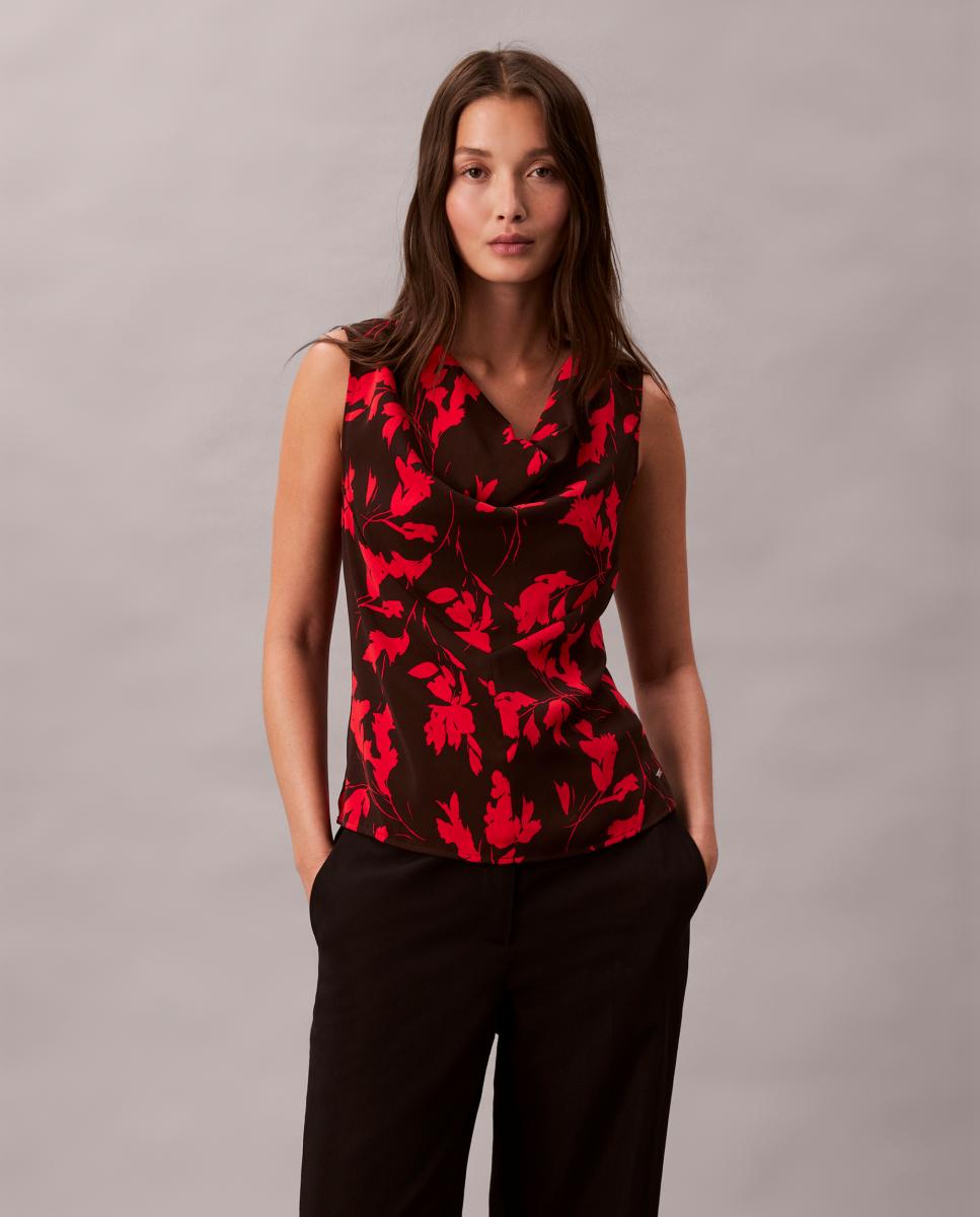 Top Estampado com Gola Drapeada Vermelho-1