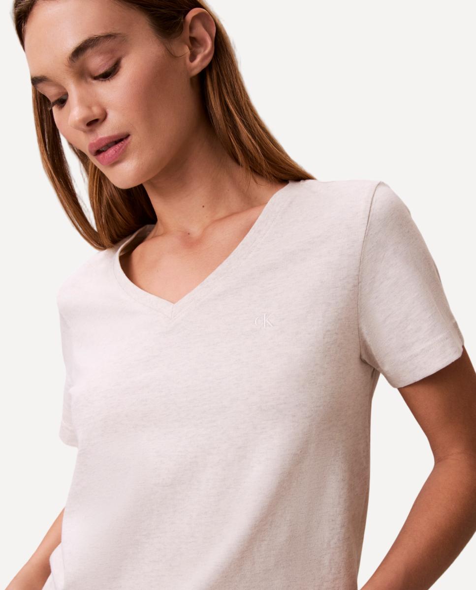 T-shirt de Decote em Bico com Logótipo Cinzento-claro-4