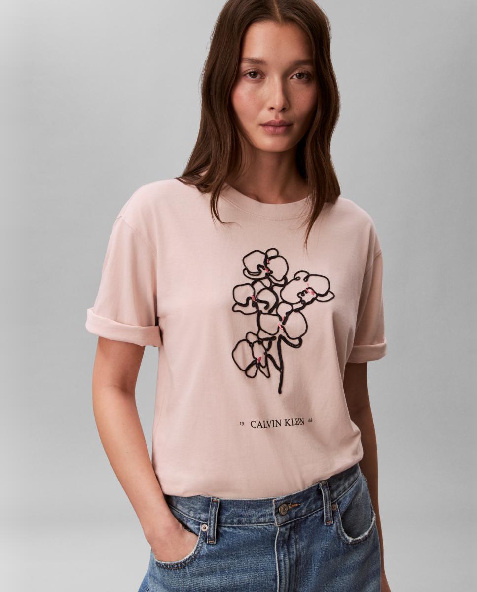 T-shirt Gráfica Bordada Bege-3
