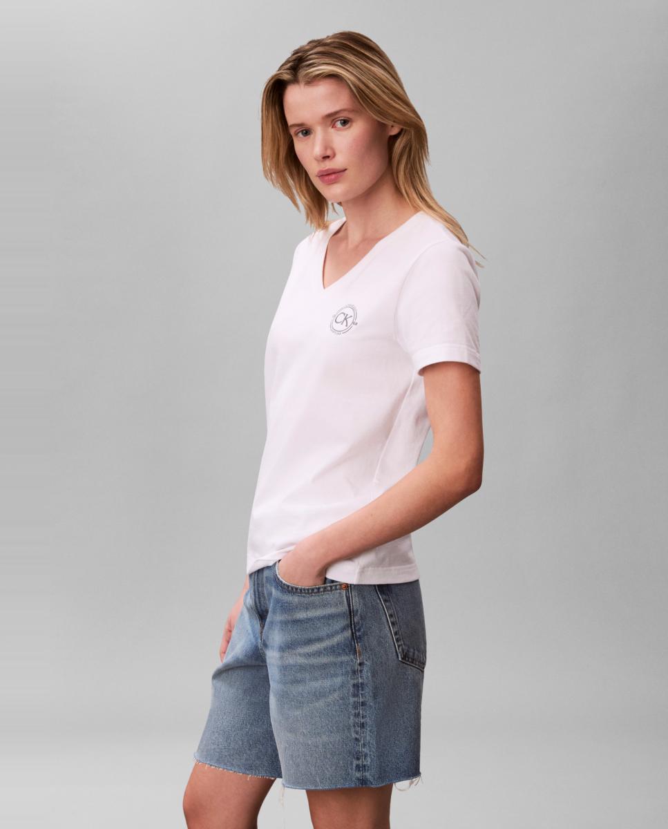 T-shirt Gráfica com Decote em V Branco-3