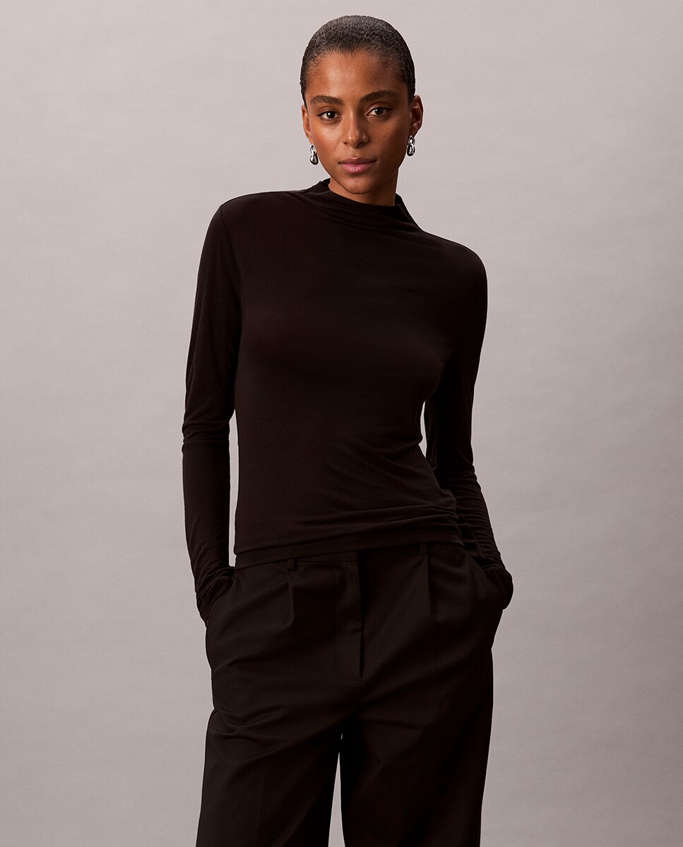 Camisola de malha de mulher com gola alta Preto-1