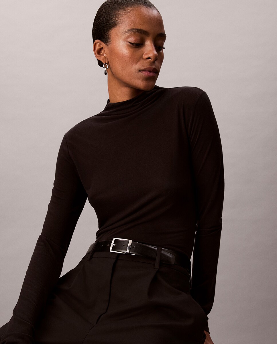 Camisola de malha de mulher com gola alta Preto-3