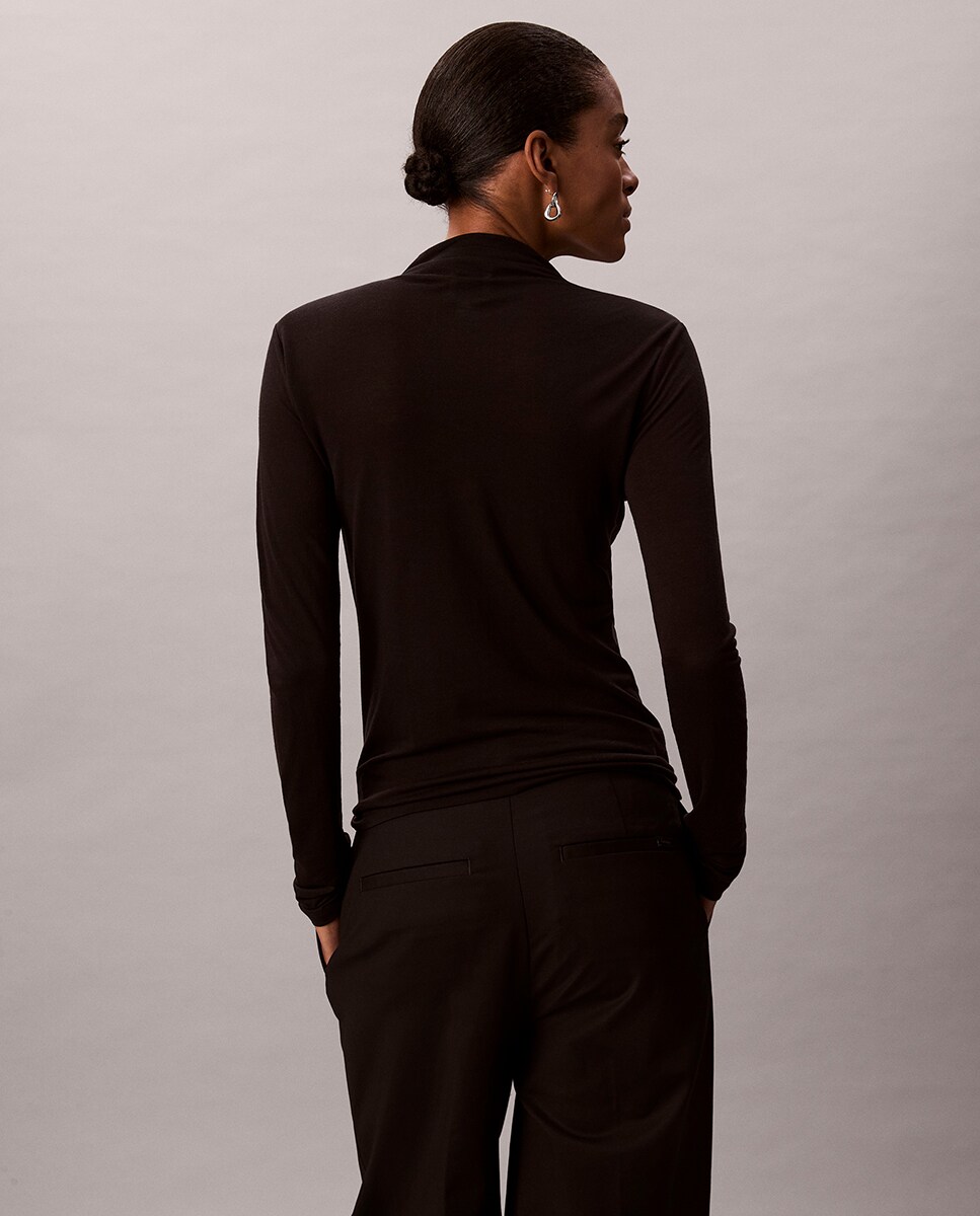 Camisola de malha de mulher com gola alta Preto-4