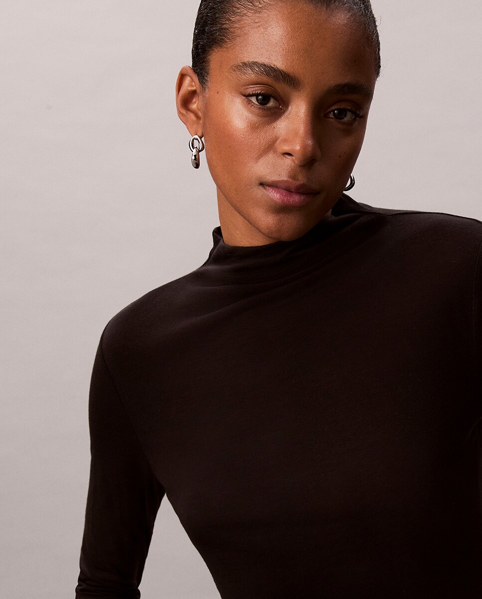 Camisola de malha de mulher com gola alta Preto-6