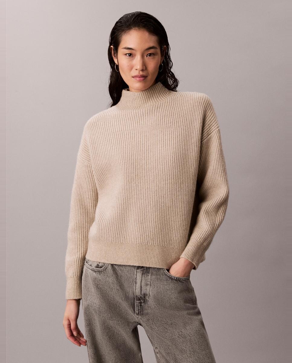 Camisola de malha de mulher com gola alta Cinzento-claro-1