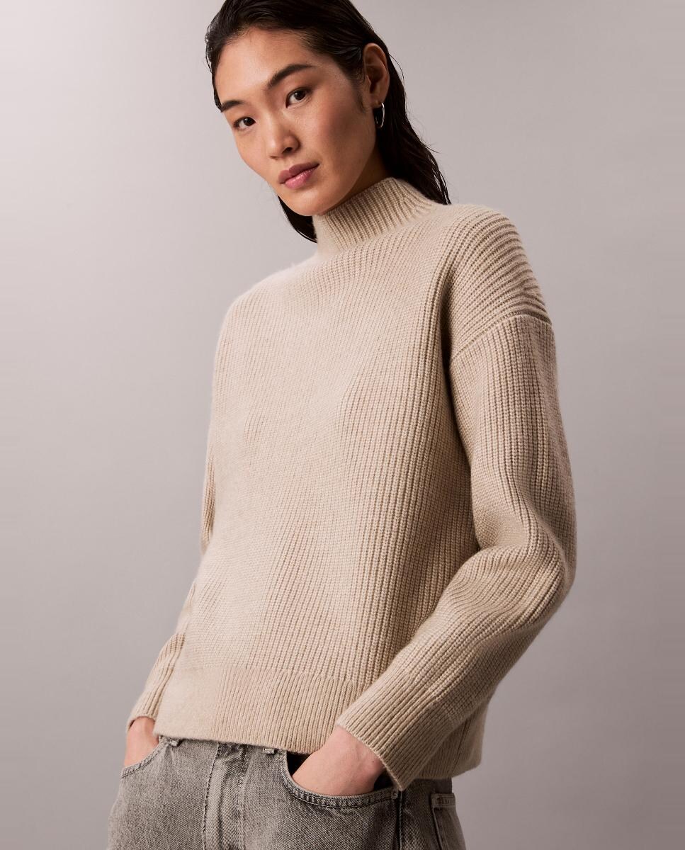 Camisola de malha de mulher com gola alta Cinzento-claro-3