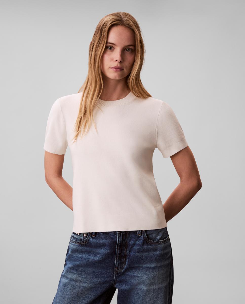 Camisola de malha com manga curta Creme-1