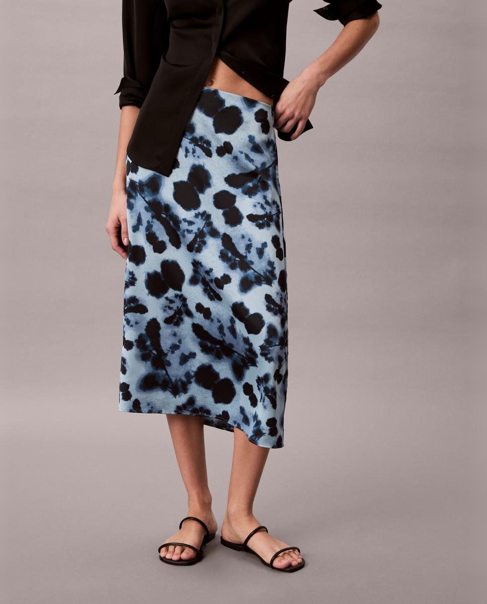 Saia Midi de Cetim Estampada Azul-2
