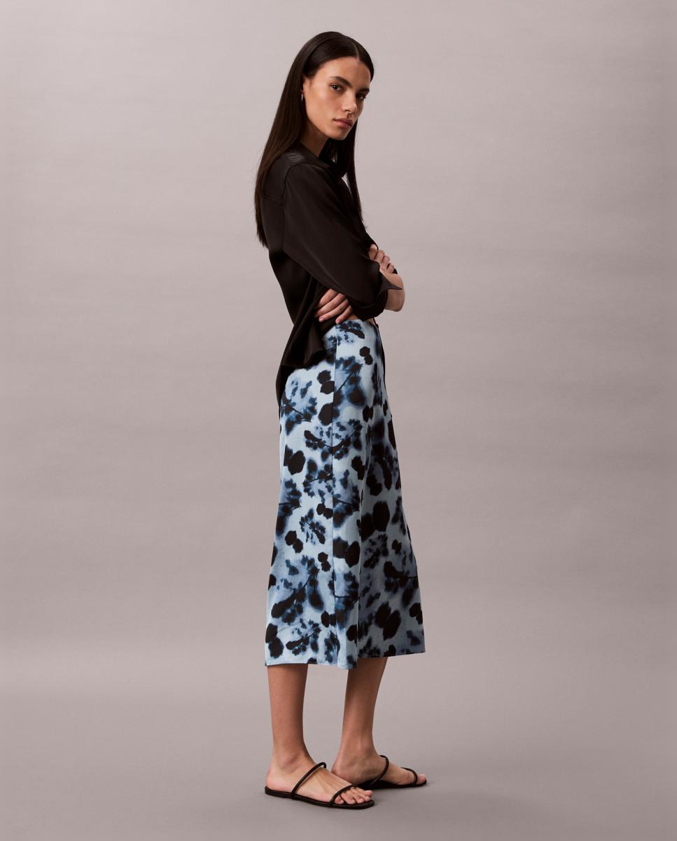 Saia Midi de Cetim Estampada Azul-3