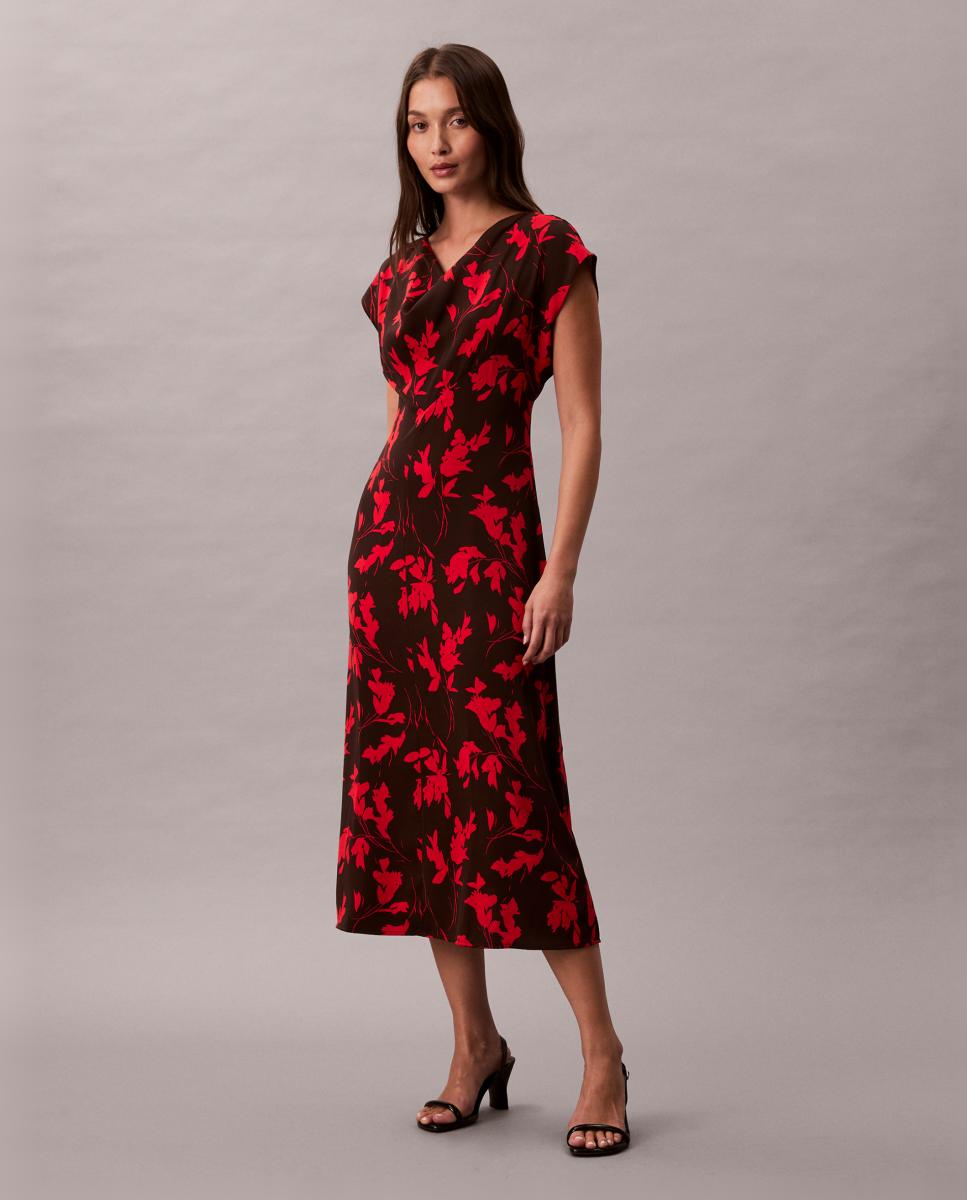 Vestido Estampado com Decote Drapeado Vermelho-1