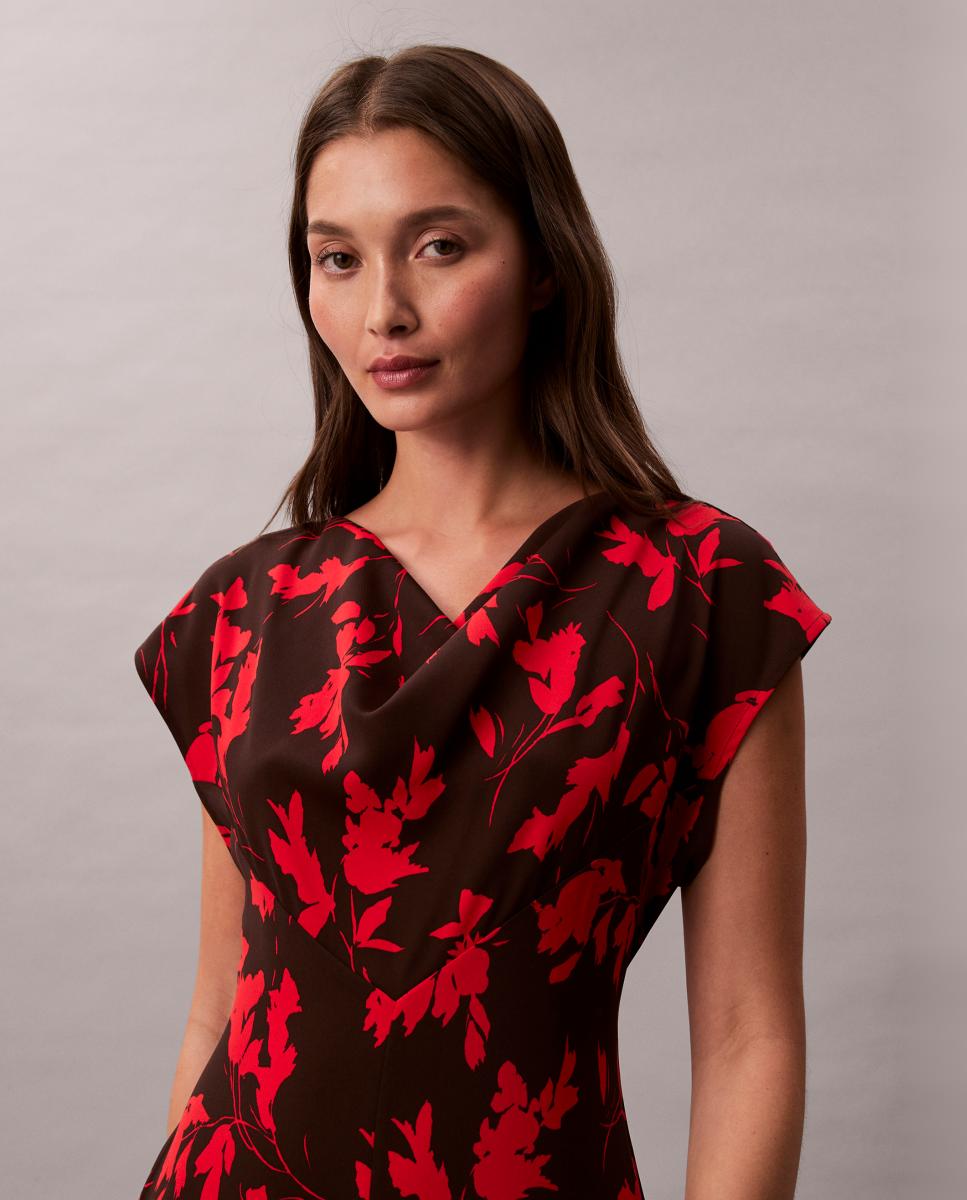 Vestido Estampado com Decote Drapeado Vermelho-2