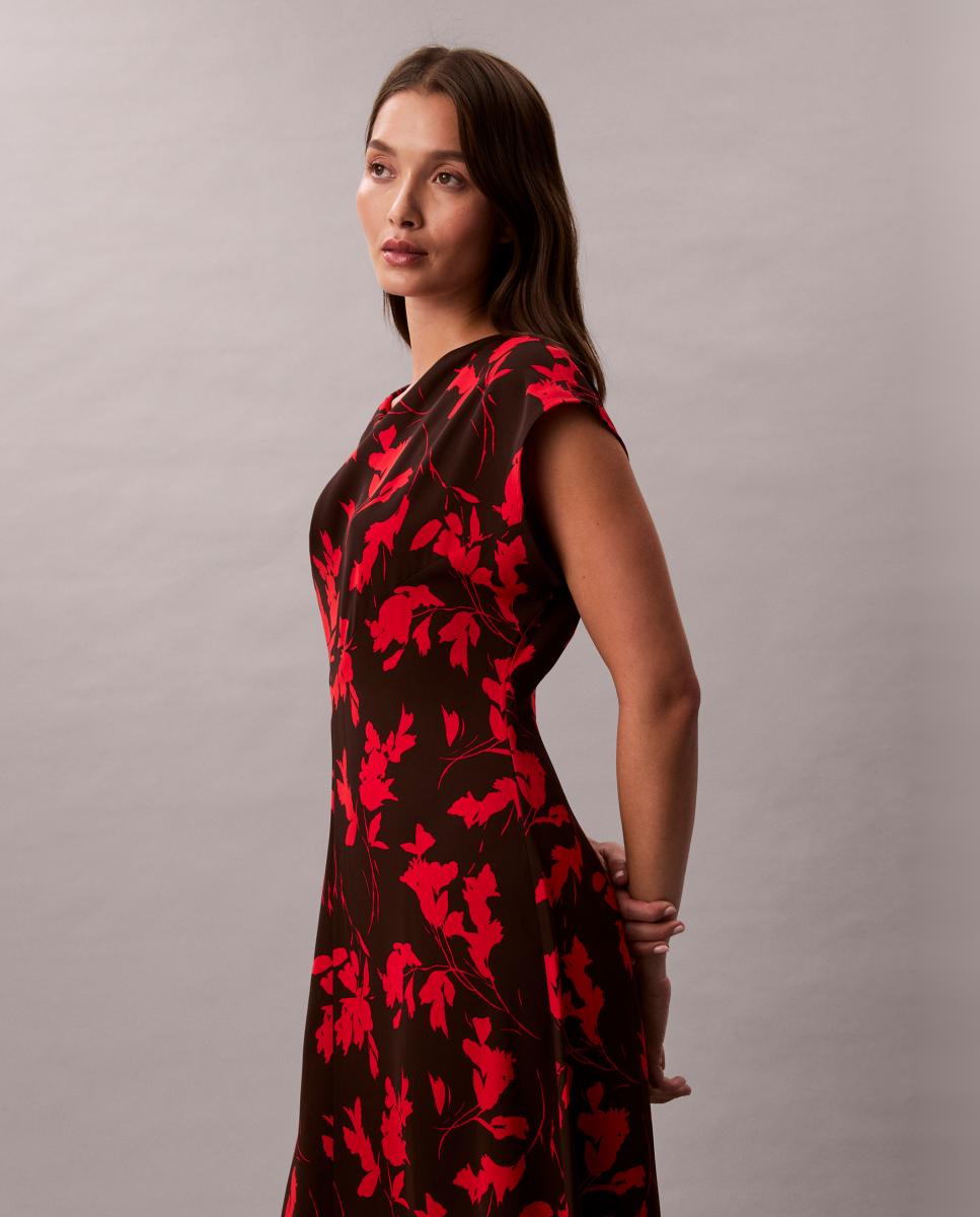 Vestido Estampado com Decote Drapeado Vermelho-3