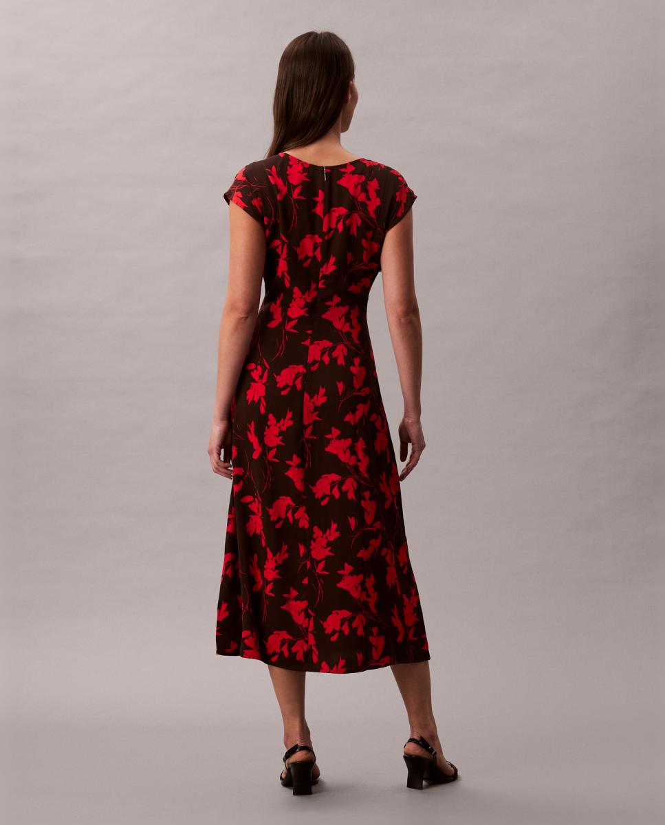 Vestido Estampado com Decote Drapeado Vermelho-4