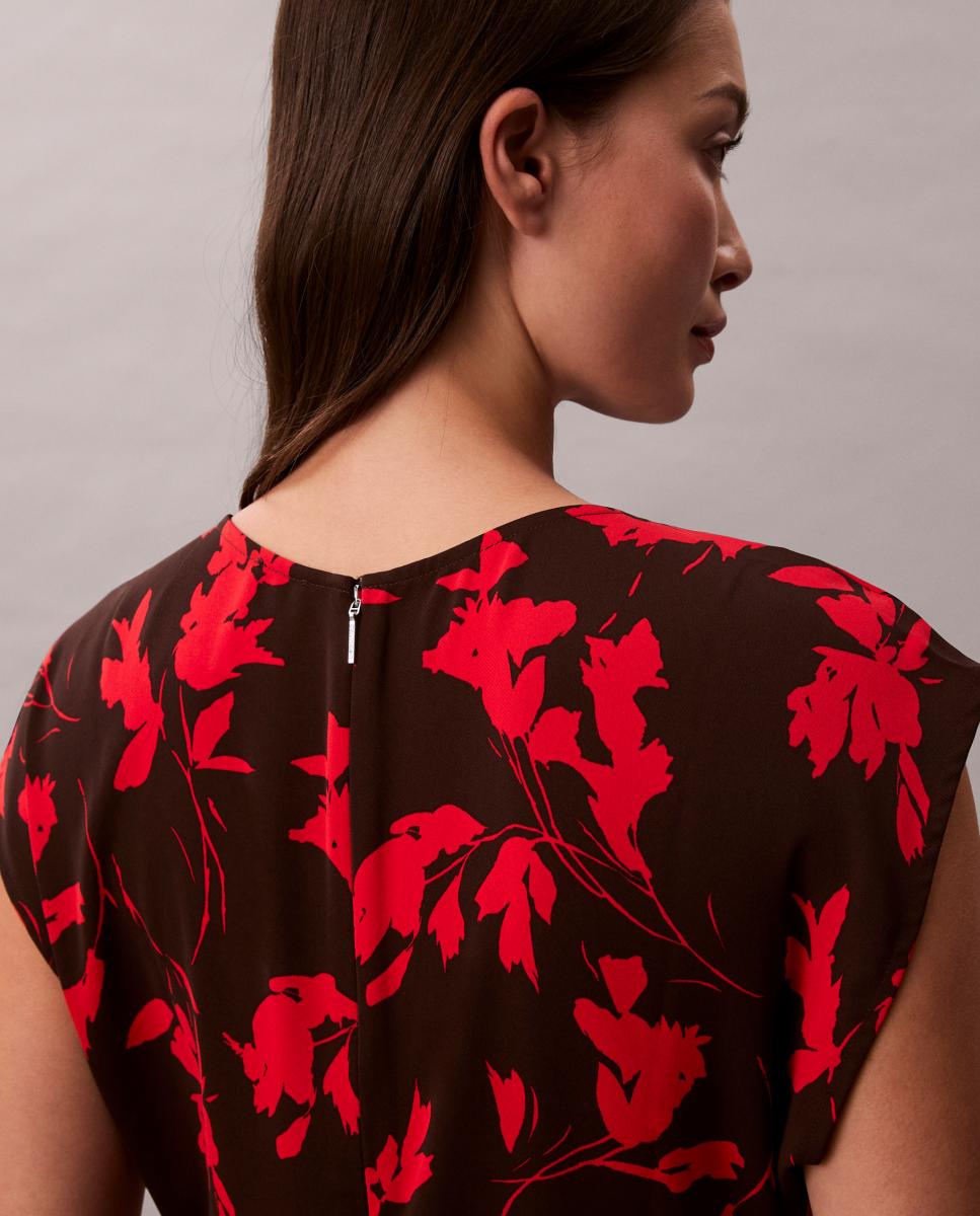 Vestido Estampado com Decote Drapeado Vermelho-5