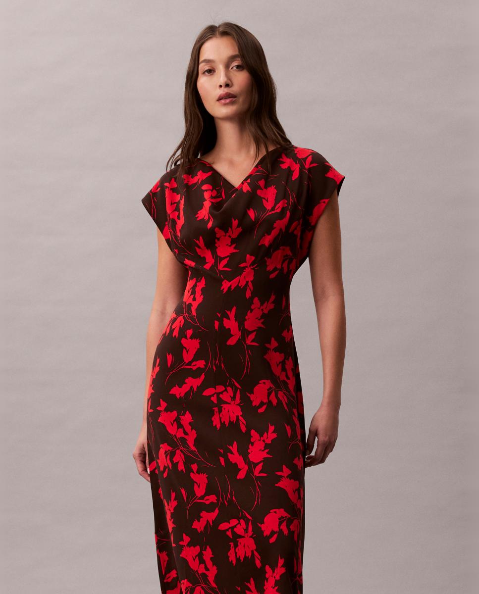 Vestido Estampado com Decote Drapeado Vermelho-6