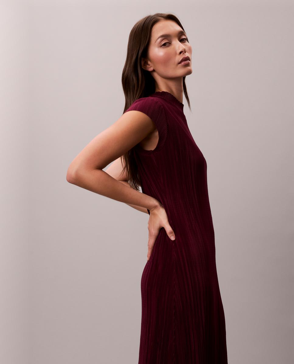 Vestido Midi Plissado Bordeaux-3
