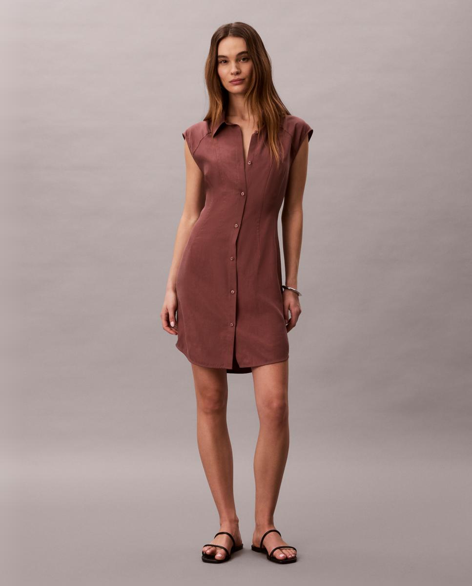 Vestido Curto de Tencel e Linho Castanho-6