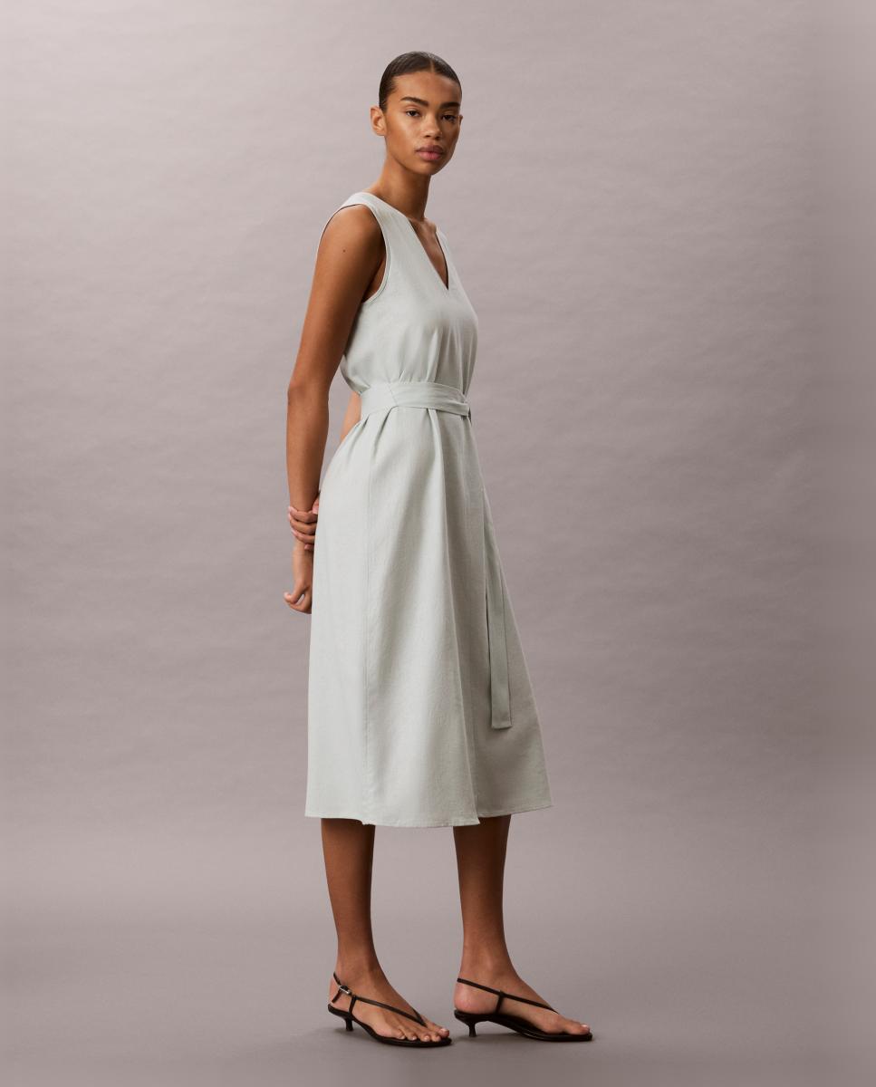 Vestido de Linho com Cinto Verde-claro-4