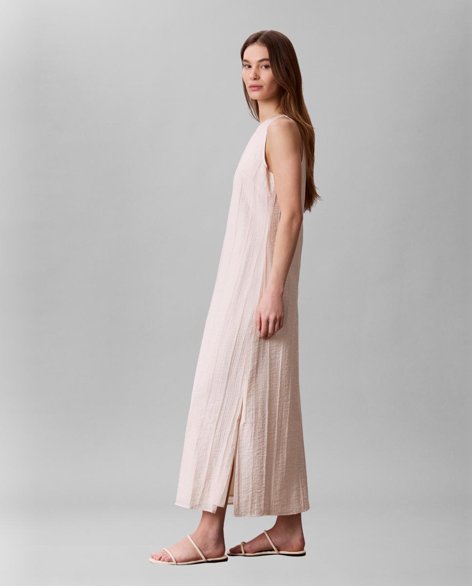 Vestido Regular de Viscose às Riscas Cru-4