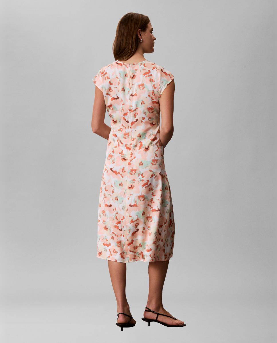Vestido de Cetim Mate com Estampado Drapeado Pêssego-2