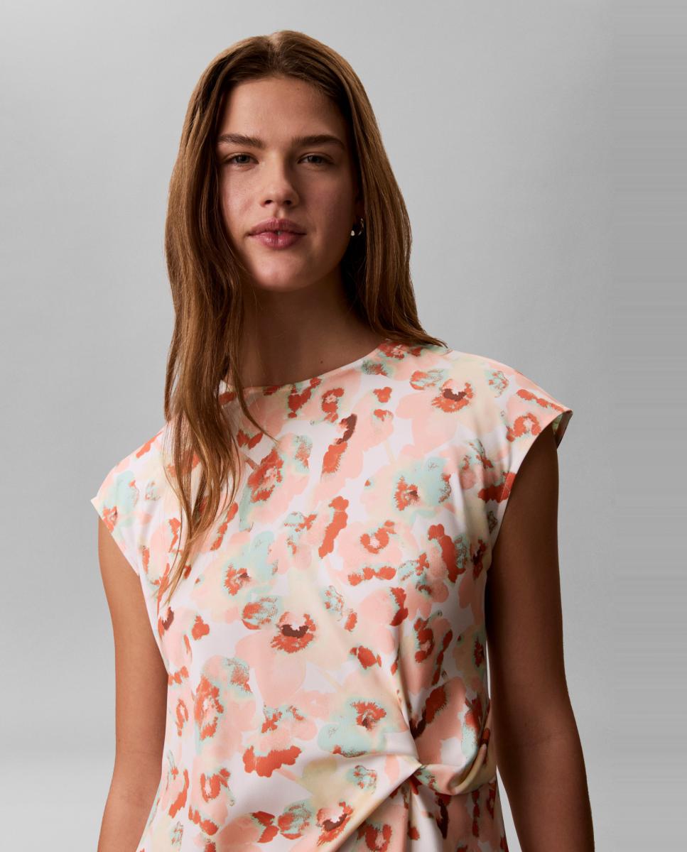Vestido de Cetim Mate com Estampado Drapeado Pêssego-3