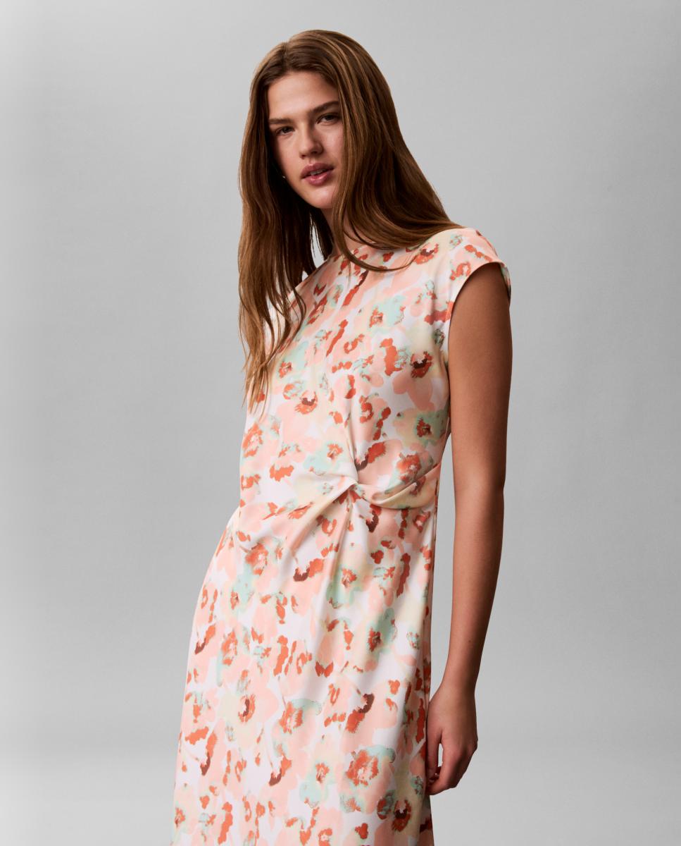 Vestido de Cetim Mate com Estampado Drapeado Pêssego-4